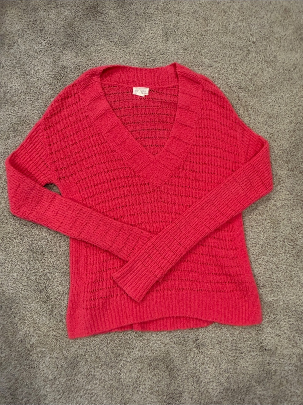 Women’s V-Neck Open Knit Sweater in Bright Red